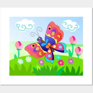 Cartoon butterfly in the meadow Posters and Art